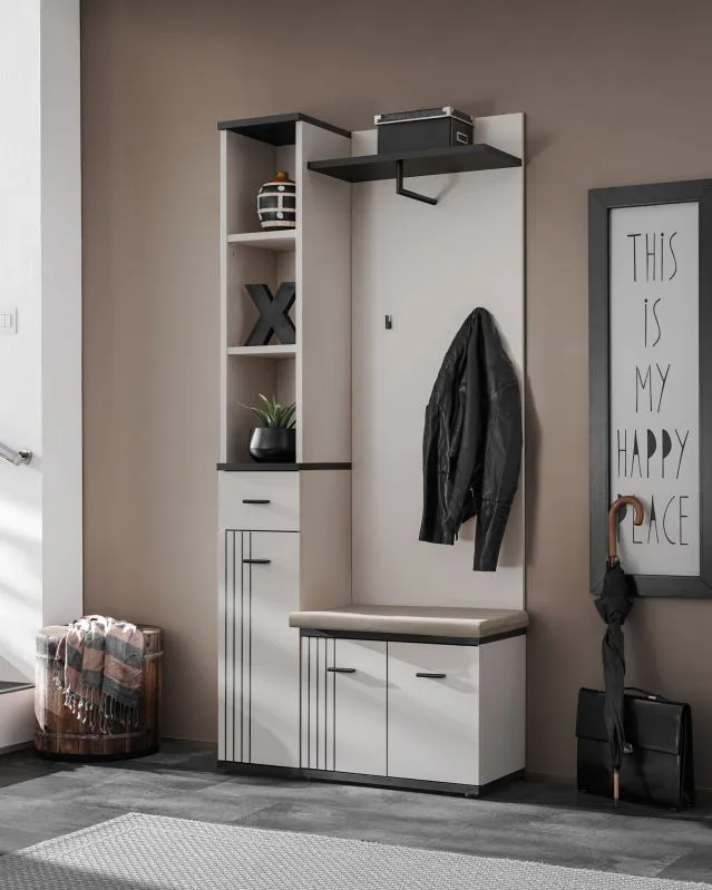 Garderobe mit Sitzgelegenheit | Farbe: Kaschmir / Schwarz | Maße: 90 x 32 x 203 cm | 2 Haken | Modernes Design | 1 Schuhschrank | für den Vorraum