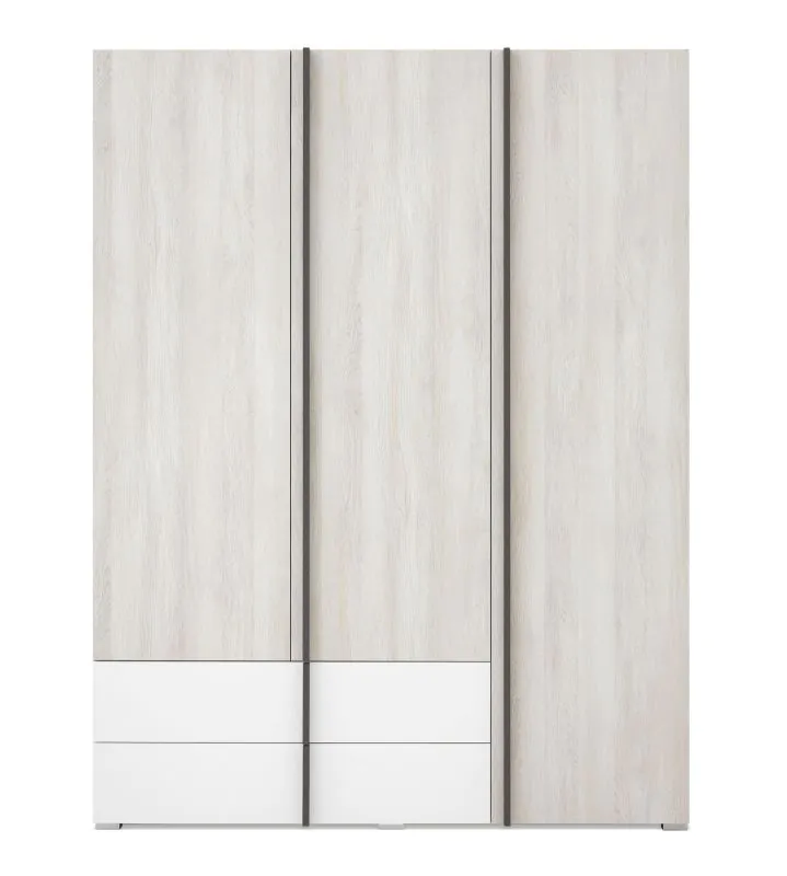 Großer Schrank mit drei Türen Schilde 01, Farbe: Eiche Weiß / Weiß / Anthrazit  - Abmessungen: 195 x 150 x 53 cm (H x B x T)