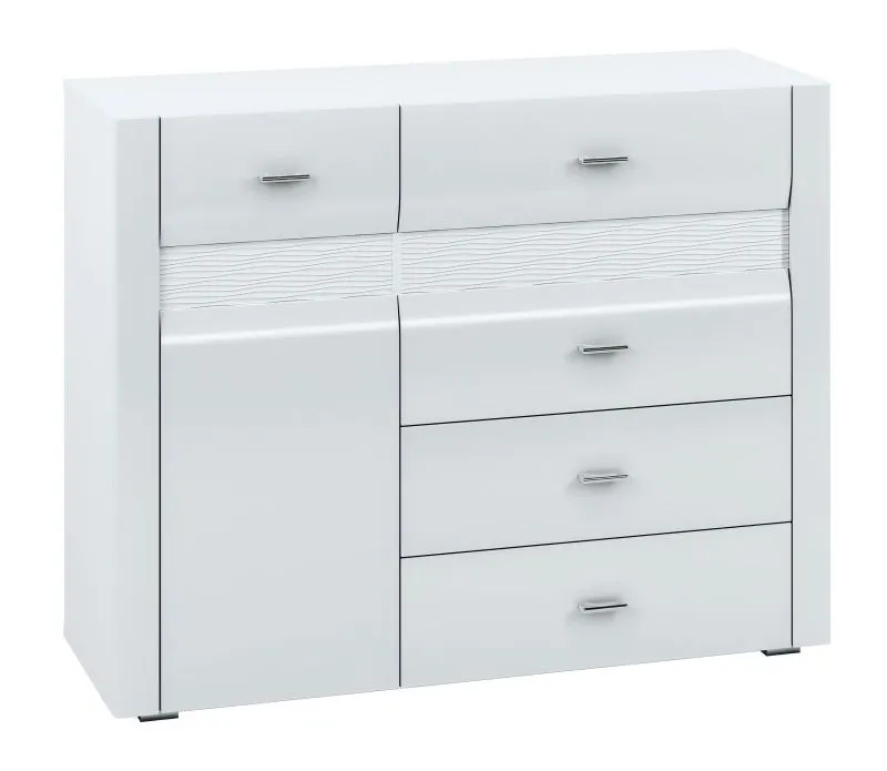 Kommode Heber 07, Farbe: Weiß / Weiß Glanz - Abmessungen: 94 x 119 x 42 cm (H x B x T), mit 1 Tür, 4 Schubladen und 2 Fächern