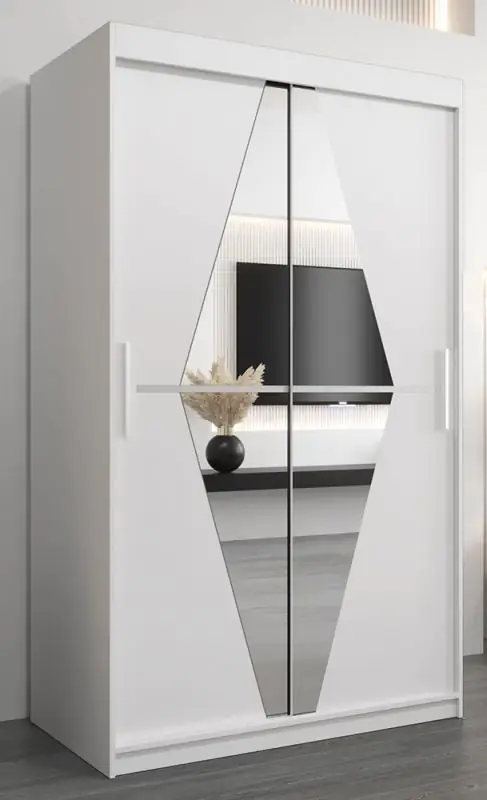 Schiebetürenschrank / Kleiderschrank Alphubel 02 mit Spiegel, Farbe: Weiß Matt - Abmessungen: 200 x 120 x 62 cm ( H x B x T)
