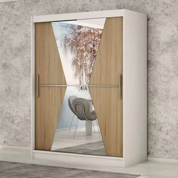 150 cm breiter Schiebetürenschrank mit 2 Türen | 5 Fächer | 2 Kleiderstangen | Farbe: Sonoma Eiche / Weiß Abbildung