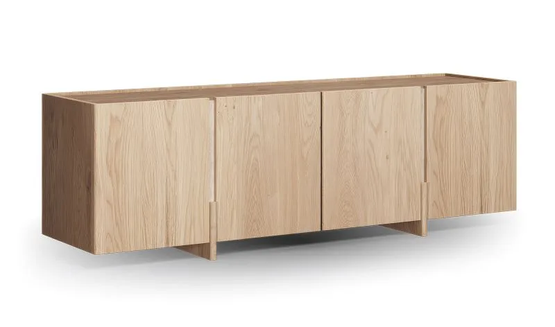 TV-Unterschrank | Farbe: Eiche gebleicht | 4 Türen | Massivholz | Eichenholz geölt | Travertin Stein | 180 x 46 x 56 cm | 6 Fächer | Schlicht