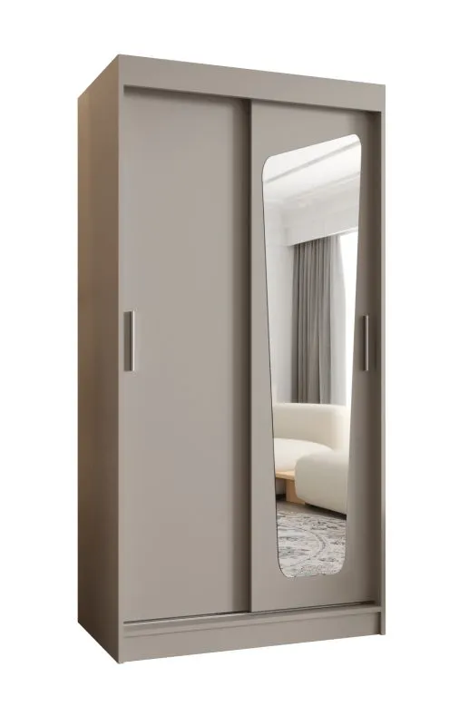 Kleiderschrank / Schiebetürenschrank Aletschhorn 04, Farbe: Kaschmir, 1 Meter breit, fünf Fächer, eine Spiegeltür, zwei Kleiderstangen, Aluminiumschienen