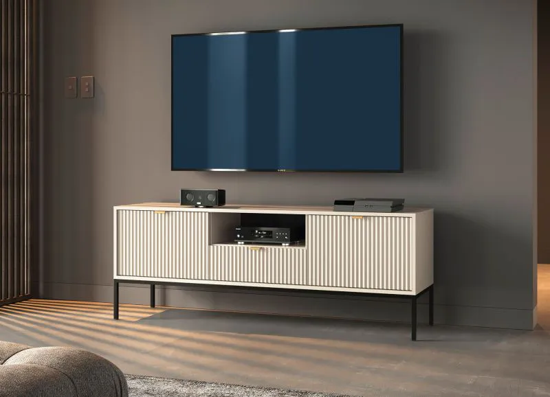 TV-Schrank / TV-Möbel mit geriffelter Front Worthing 71, Farbe: Kaschmir, eine Schublade, zwei Türen, 1,5 Meter breit, ABS-Kantenschutz, Beine: Schwarz