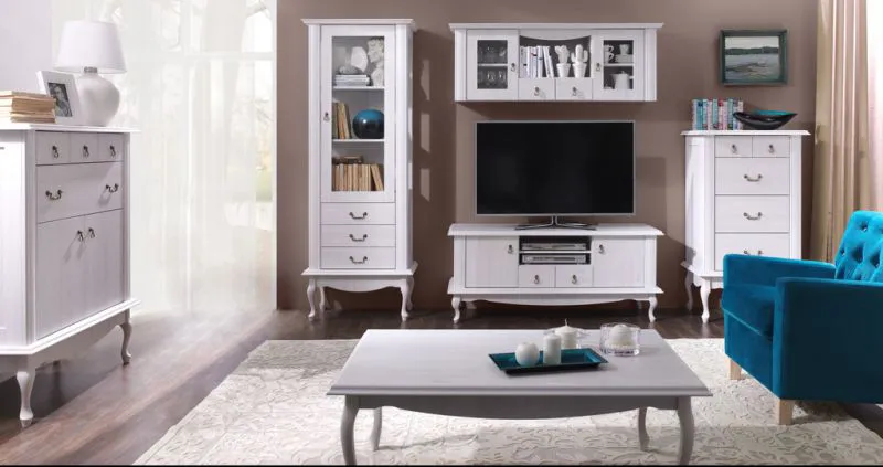 Wohnzimmer Komplett - Set C Bignona, 6-teilig, Farbe: Kiefer weiß