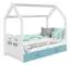 Kinderbett / Hausbett Kiefer Vollholz massiv weiß lackiert D3D, Schublade: Blau, inkl. Lattenrost - Liegefläche: 80 x 160 cm (B x L)