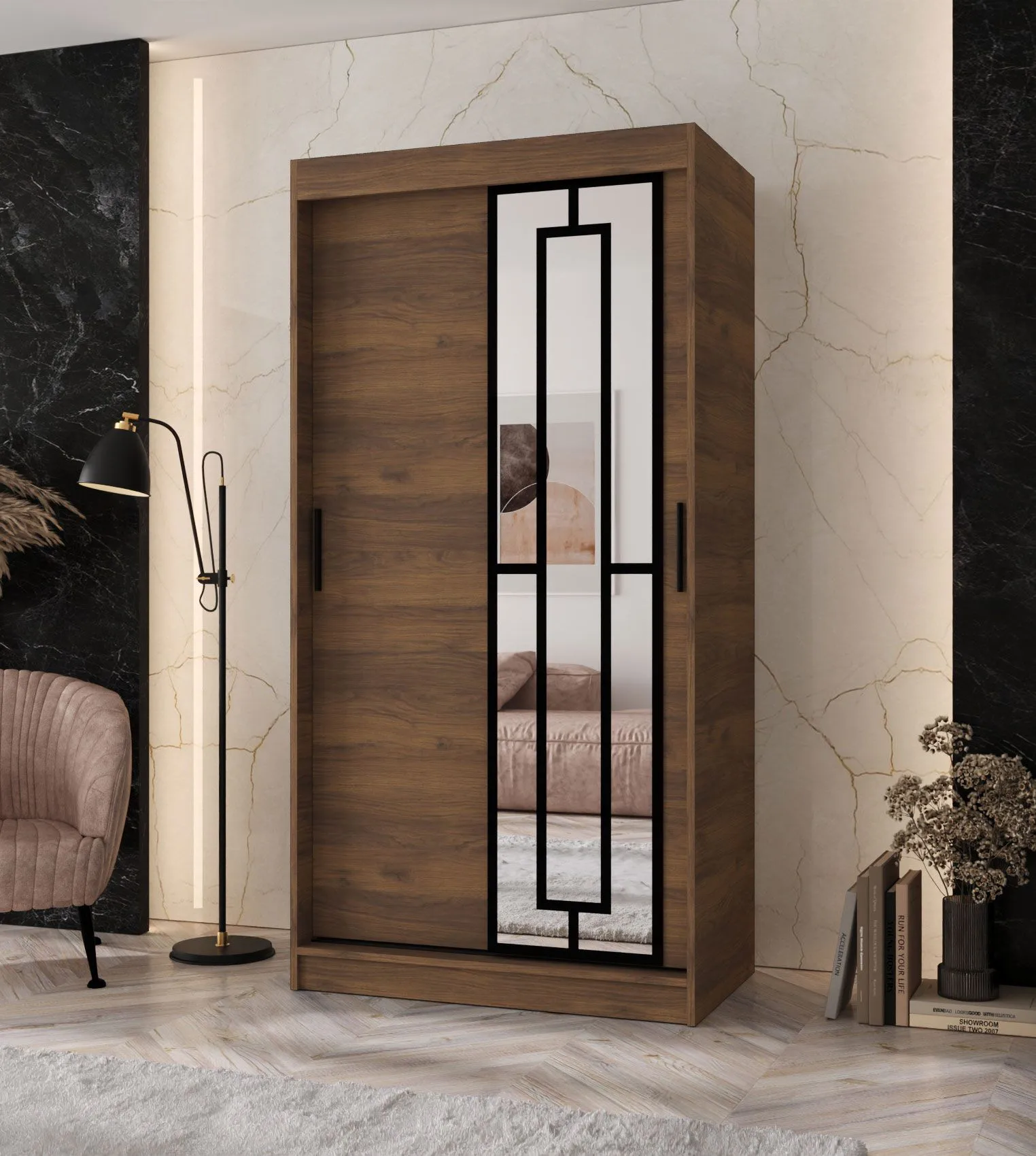Schiebetürenschrank / Kleiderschrank | Farbe: Walnuss Warmia | 5 Fächer | 2 Kleiderstangen | schmal | 100 x 62 x 200 cm | dekorative Spiegeltür