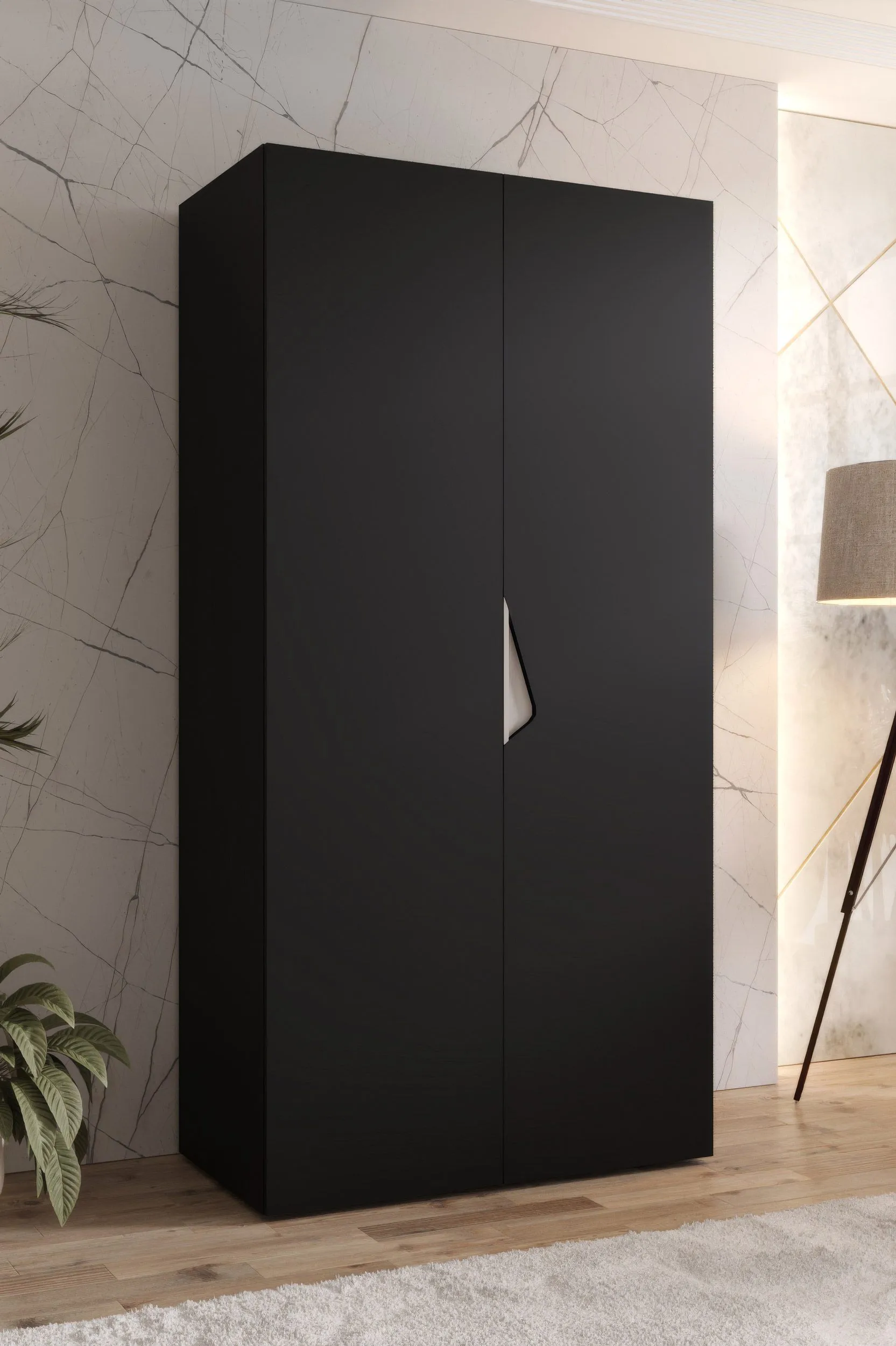 Drehtürenschrank / Kleiderschrank | 1 Meter breit | ABS-Kantenschutz | Griffe: Kaschmir | Farbe: Schwarz | Maße: 100 x 52 x 202 cm