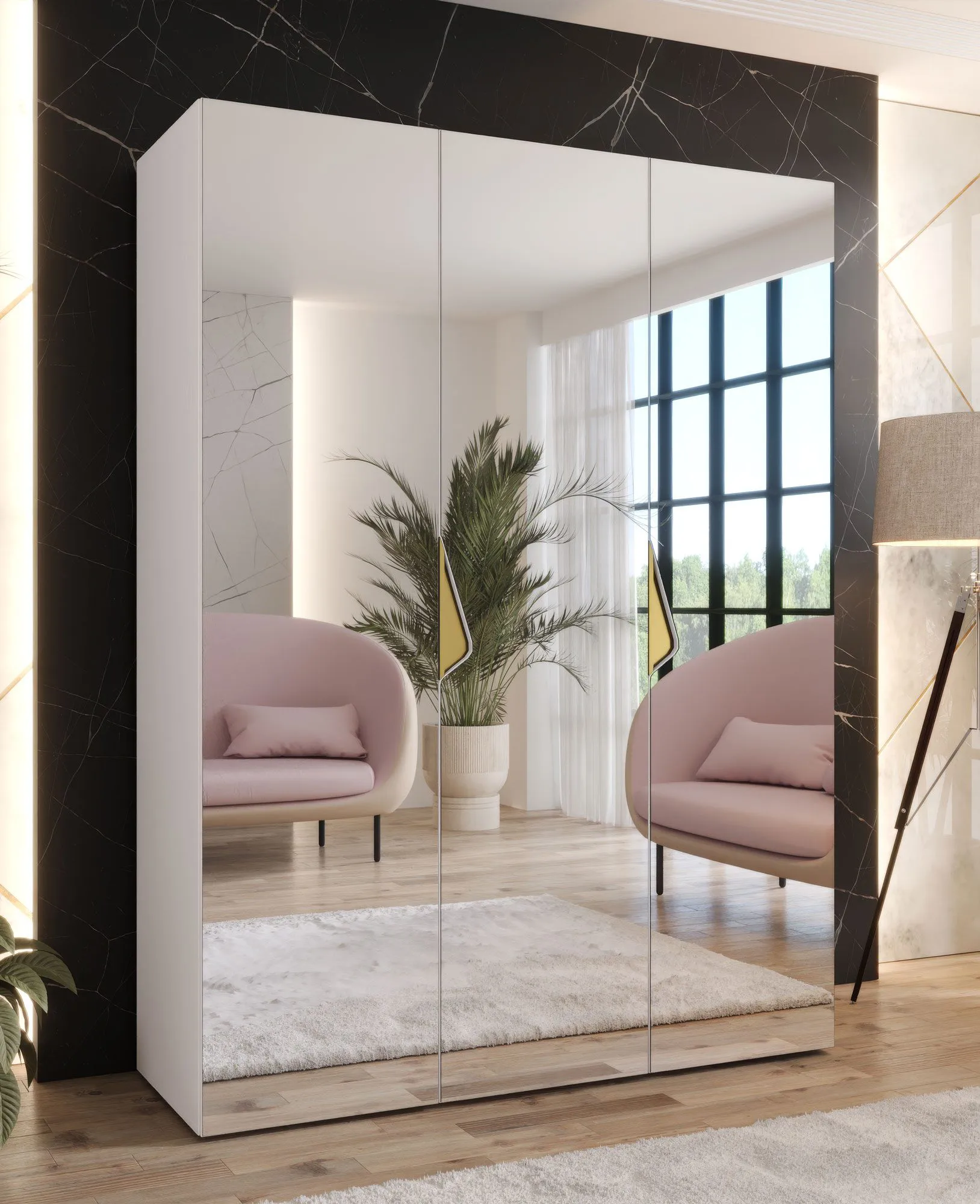 Schlafzimmerschrank mit Spiegel | Farbe: Weiß | Soft-Close-Funktion | Griffe: Gold | Maße: 150 x 52 x 202 cm | 2 Fächer | Kleiderschrank | ABS