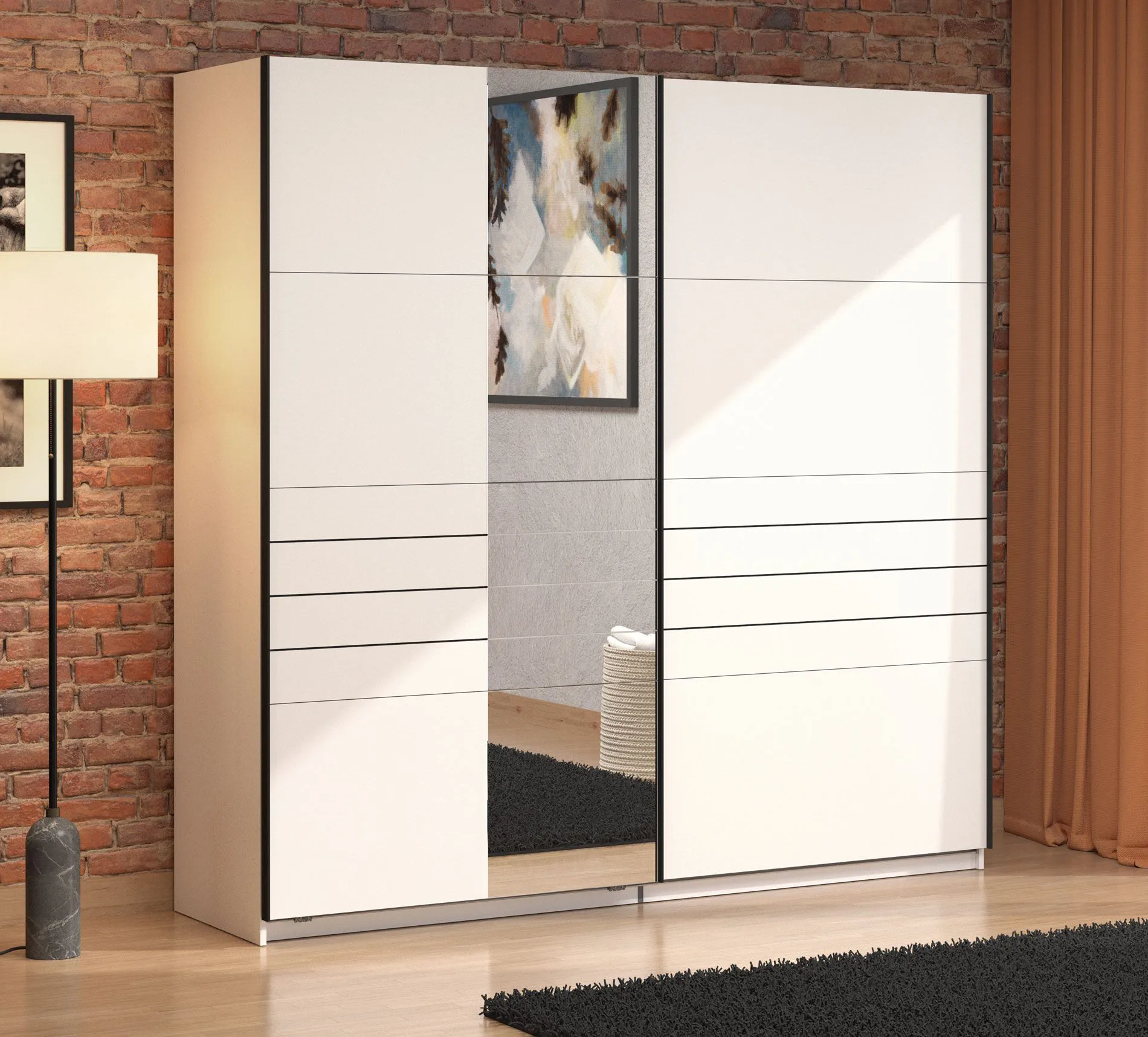Kleiderschrank | Farbe: Opak Weiß | breit | 1 Spiegeltür | Schiebetürenschrank | Maße: 220 x 61 x 217,5 cm | ABS-Kanten | 2 Kleiderstangen