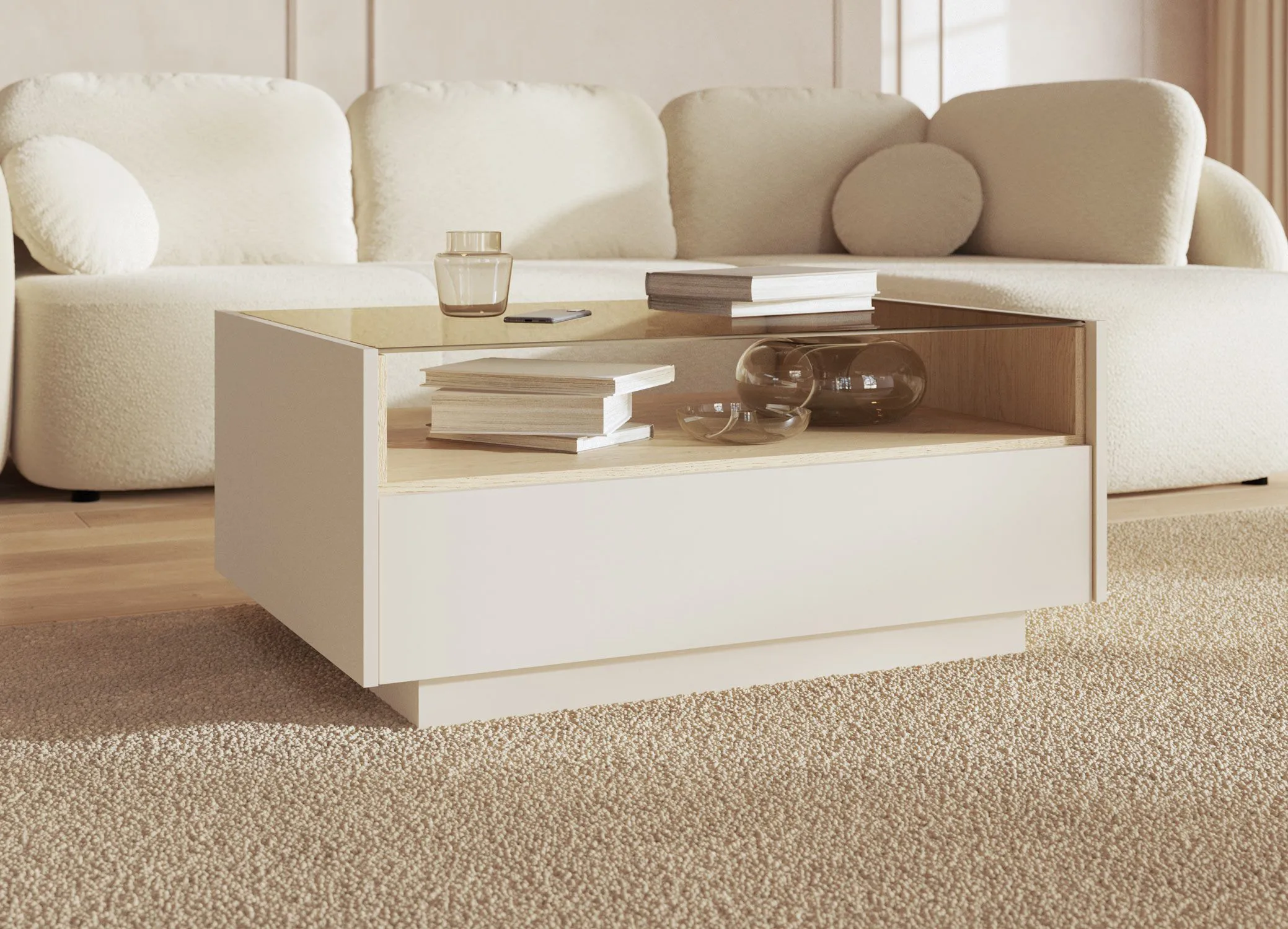 Couchtisch | Farbe: Beige / Eiche Cremona | 2 Schubladen | 1 Fach | 96 x 67 x 43 cm | Push-to-open Funktion | Kaffeetisch