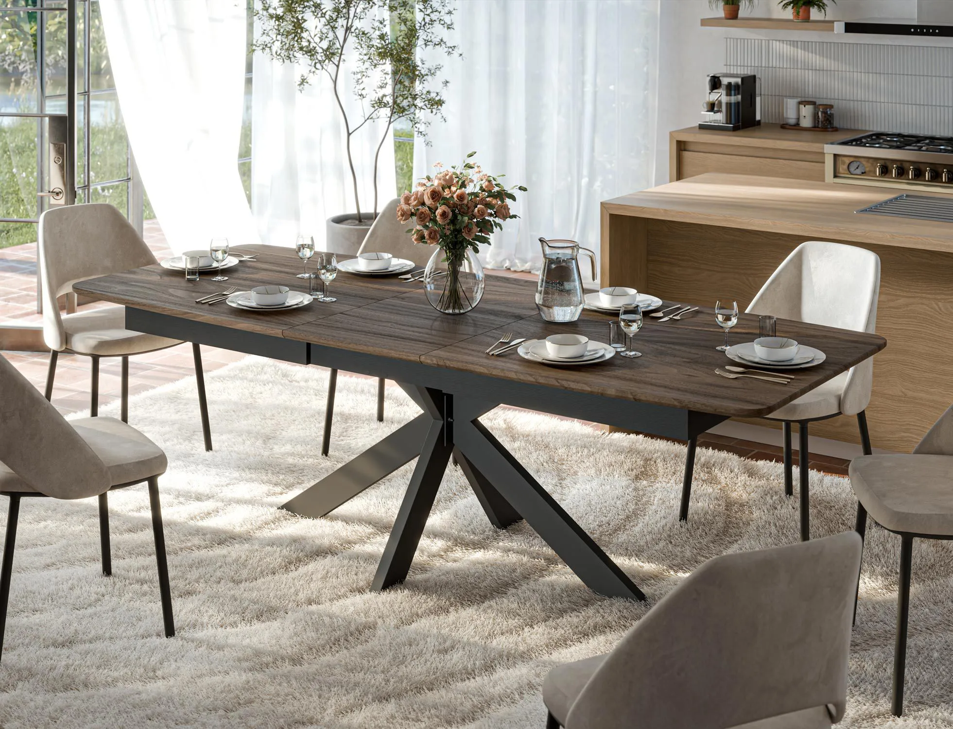 Ausziehbarer Esstisch | abgerundete Kanten | Walnuss Massivholz | Beine: Stahl | 200-250 x 100 x 77 cm | hochwertig Verarbeitet | gekreuzte Tischbeine