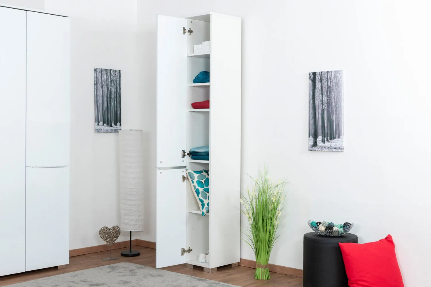 Schlafzimmer - Schrank schmal, Farbe: Weiß / Weiß Hochglanz