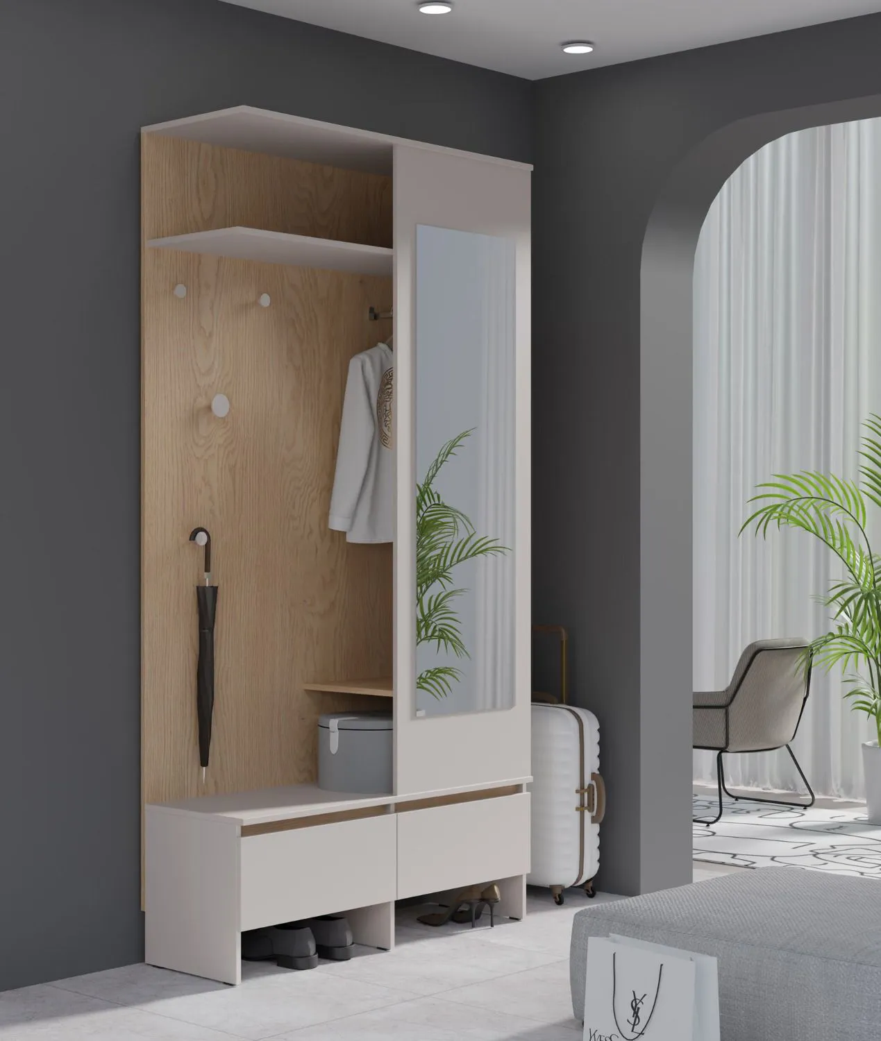 Garderobe mit Spiegel Tarouca 01 | Kaschmir / Creme Torro | 210 x 110 x 38 cm | 2 Klappfächer | 4 Kleiderhaken | 2 Klappfächer | Holzoptik