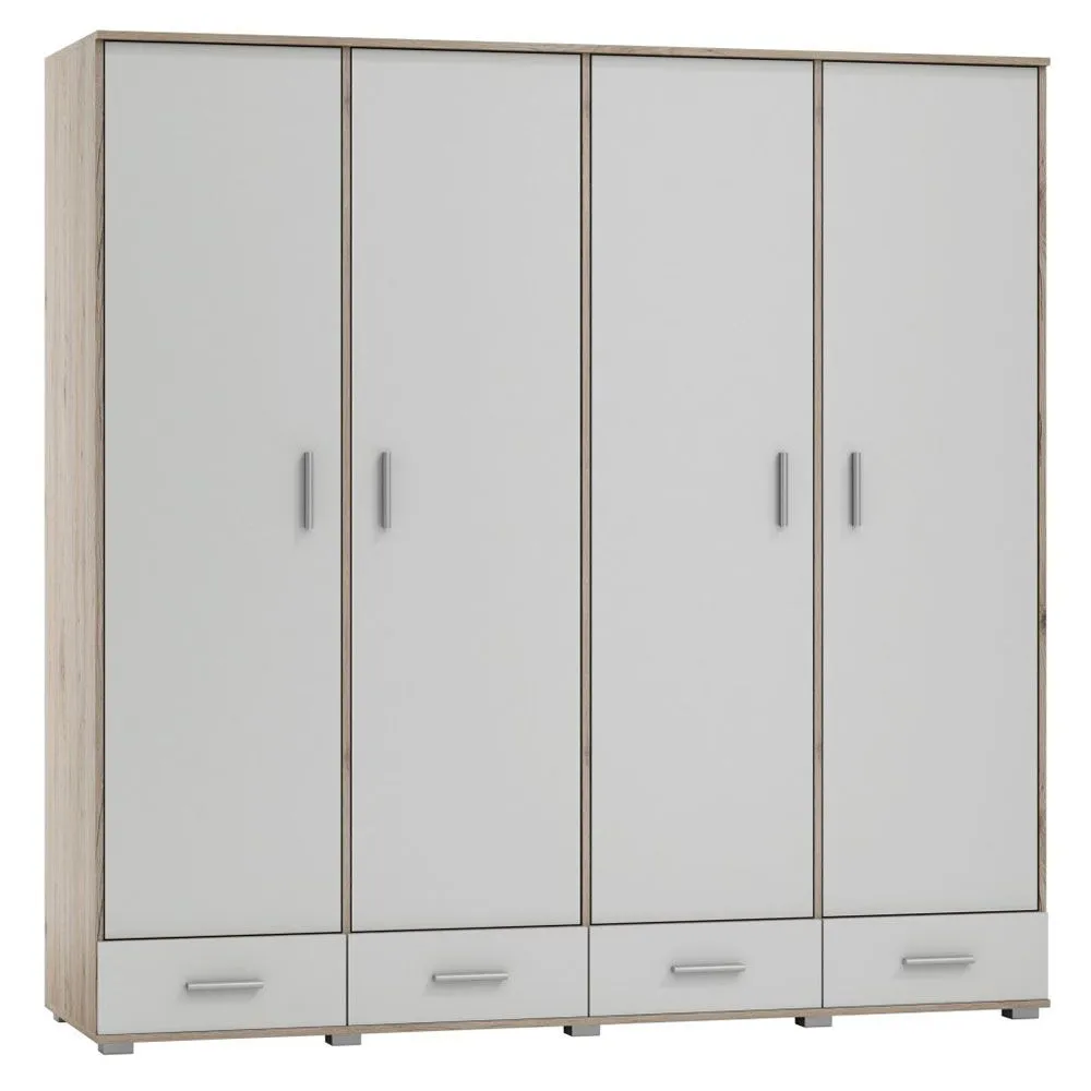 2 Meter breiter Kleiderschrank mit 4 Türen, 10 Fächern und 4 Schubladen | Farbe: Eiche / Weiß