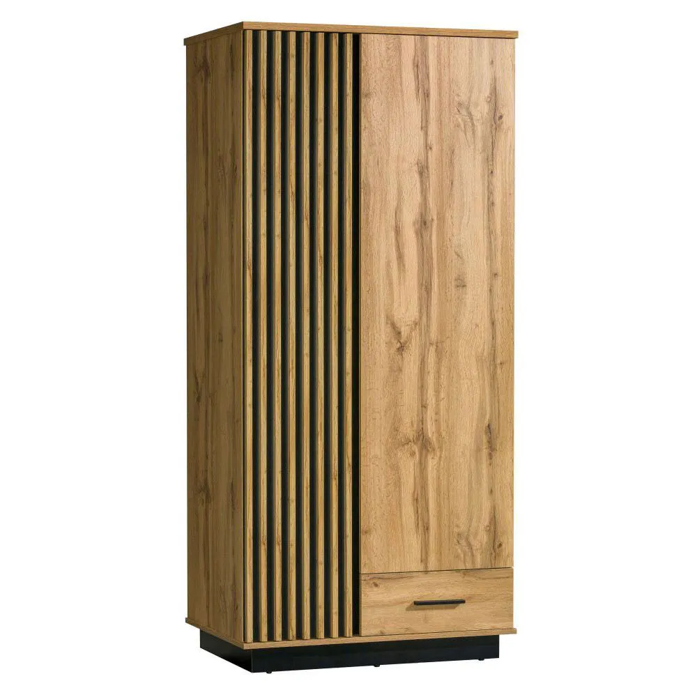 90 cm breiter Kleiderschrank mit 2 Türen | Farbe: Eiche / Schwarz, Türen Anzahl 2, Höhe (cm) 194, Länge/Tiefe (cm) 90, Breite (cm) 52, Material Holzwerkstoff, Farbe Eiche / Schwarz, 90 cm breiter Kleiderschrank mit 2 Türen
