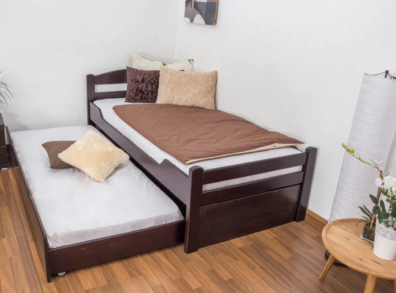 Einzelbett/ Gästebett "Easy Premium Line" K1/2h inkl. 2. Liegeplatz und 2 Abdeckblenden, 90 x 200 cm Buche Vollholz massiv schokobraun lackiert