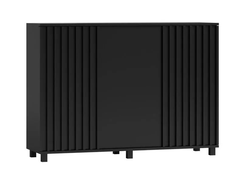 Elegante Kommode in Schwarz, 100 x 140 x 40 cm, Fronten mit Lamellen, ABS-Kanten, Soft Close System, 9 Fächer, Metallbeine