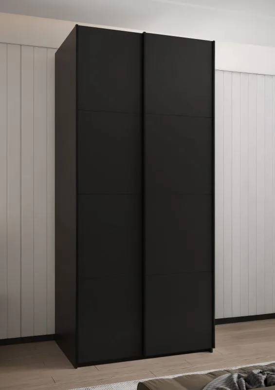 Schiebetürenschrank / Kleiderschrank | 6 Fächer | 245,5 x 100 x 64 cm | 2 Kleiderstangen | 6 Einlegeböden | 2 Schiebetüren | Farbe: Schwarz | Soft-Close