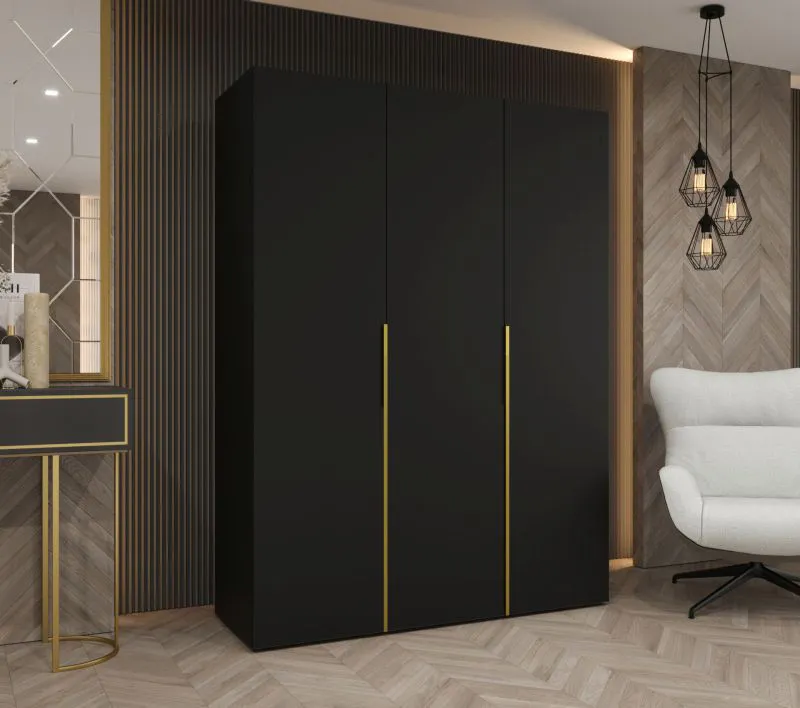 Drehtürenschrank Eiger 19, drei Türen, Farbe: Schwarz, zwei Kleiderstangen, 1,5 Meter breit, Soft-Close-Funktion, Kleiderschrank, Griffe: Gold, zwei Fächer