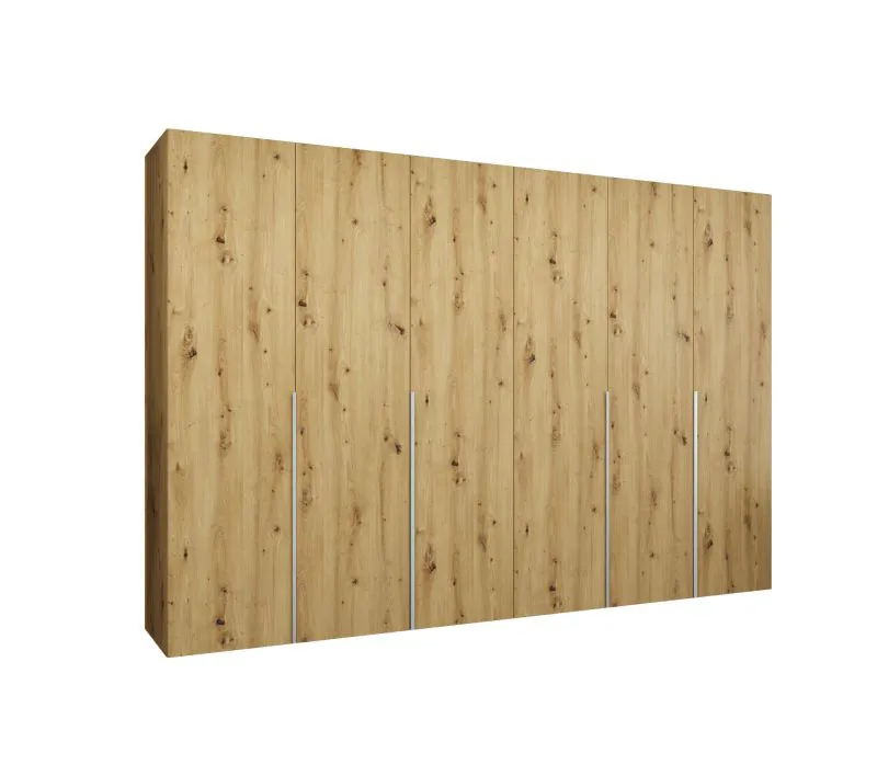 Drehtürenschrank mit vier Kleiderstangen Eiger 46, Farbe: Eiche Artisan, 3 Meter breit, Kleiderschrank, Griffe: Kaschmir, vier Fächer, sechs Türen, Soft-Close