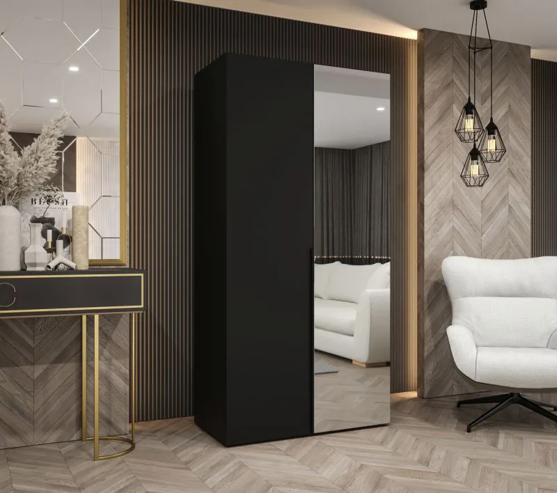 Kleiderschrank mit einer Kleiderstange Eiger 61, Farbe: Schwarz, ein Fach, eine Spiegeltür, 1 Meter breit, Griffe: Schwarz, Soft-Close-Funktion