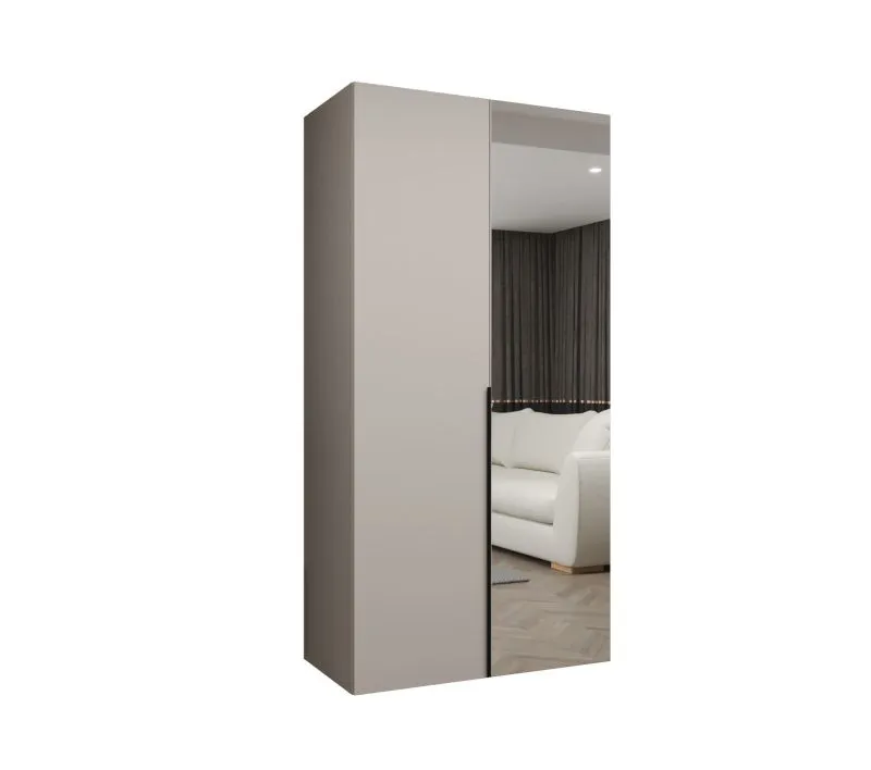 Kleiderschrank mit zwei Türen Eiger 64, Farbe: Kaschmir, eine Spiegeltür, Soft-Close-Funktion, 1 Meter breit, Griffe: Schwarz, eine Kleiderstange, ein Fach