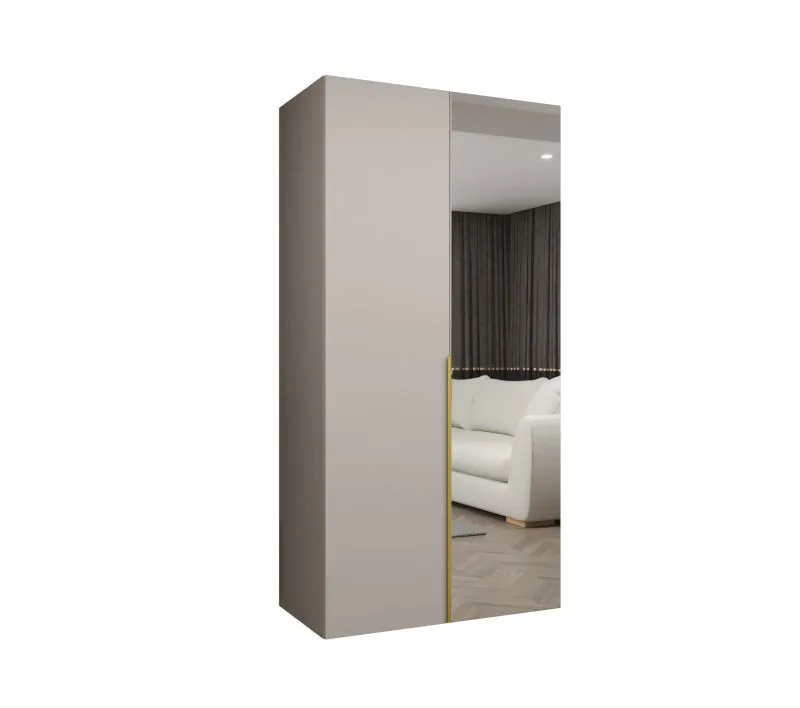 Drehtürenschrank mit einer Spiegeltür Eiger 66, Farbe: Kaschmir, 1 Meter breit, eine Kleiderstange, Griffe: Gold, ein Fach, Soft-Close-Funktion