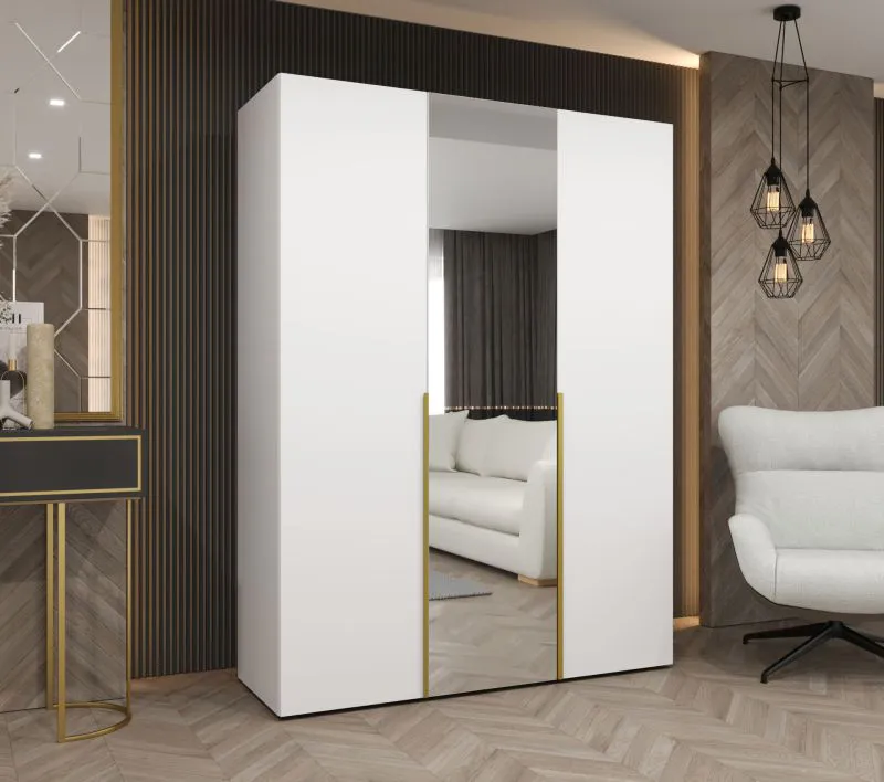 Drehtürenschrank / Kleiderschrank 1,5 Meter breit Eiger 71, Farbe: Weiß, eine Spiegeltür, zwei Kleiderstangen, Griffe: Gold, Soft-Close-Funktion, zwei Fächer