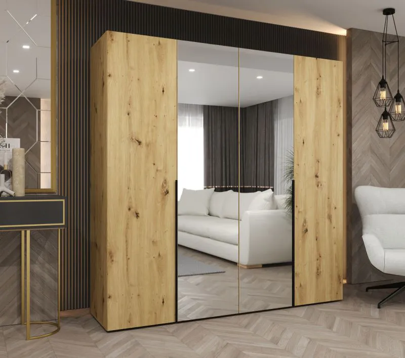 Drehtürenschrank mit zwei Spiegeltüren Eiger 78, Farbe: Eiche Artisan, 2 Meter breit, Griffe: Schwarz, zwei Kleiderstangen, Kleiderschrank, zwei Fächer