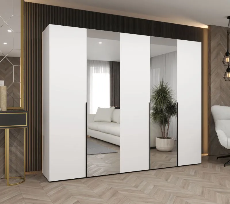 Kleiderschrank 2,5 Meter breit Eiger 91, Farbe: Weiß, zwei Spiegeltüren, drei Kleiderstangen, Griffe: Schwarz, drei Fächer, Soft-Close-Funktion, für Schlafzimmer