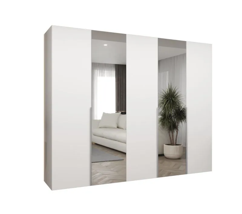 Kleiderschrank / Drehtürenschrank mit zwei Spiegeltüren Eiger 92, Farbe: Weiß, drei Kleiderstangen, 2,5 Meter breit, Griffe: Kaschmir, Soft-Close-Funktion, drei Fächer