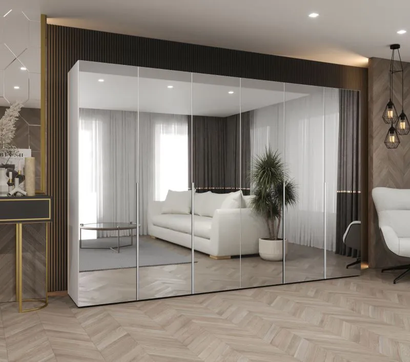 Drehtürenschrank / Kleiderschrank mit Soft-Close-Funktion Eiger 158, Farbe: Weiß, sechs Spiegeltüren, vier Kleiderstangen, 3 Meter breit, Griffe: Kaschmir
