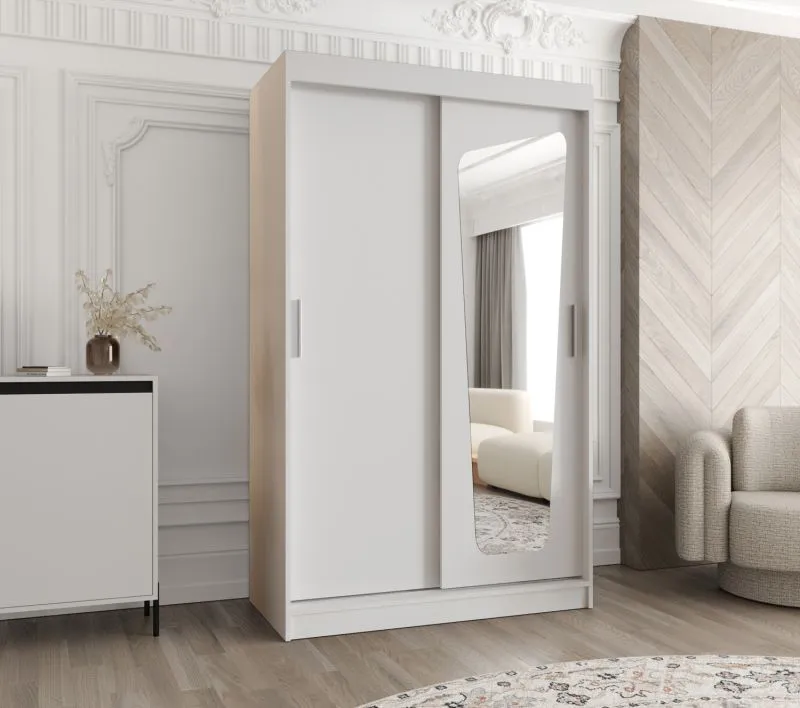 Kleiderschrank Aletschhorn 06, 1,2 Meter breit, Farbe: Weiß, eine Spiegeltür, Aluminiumschienen, fünf Fächer, Schiebetürenschrank, zwei Kleiderstangen