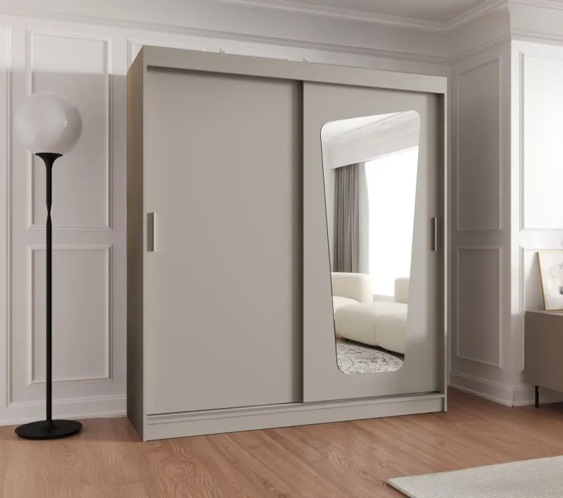 Kleiderschrank / Schiebetürenschrank Aletschhorn 16, Farbe: Kaschmir, 1,8 Meter breit, 10 Fächer, eine Spiegeltür, zwei Kleiderstangen, Aluminiumschienen