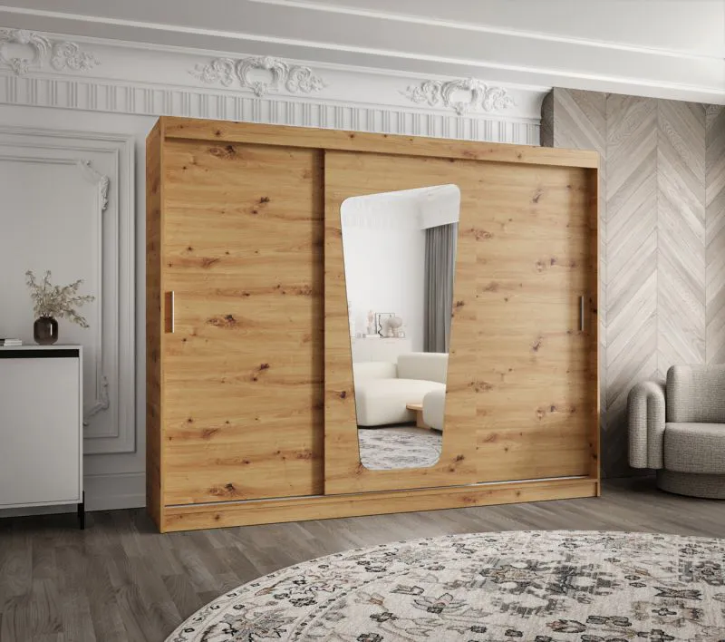 Schiebetürenschrank Aletschhorn 21, zwei Spiegeltüren, Farbe: Eiche Artisan, 2,5 Meter breit, 10 Fächer, zwei Kleiderstangen, Kleiderschrank, Aluminiumschienen