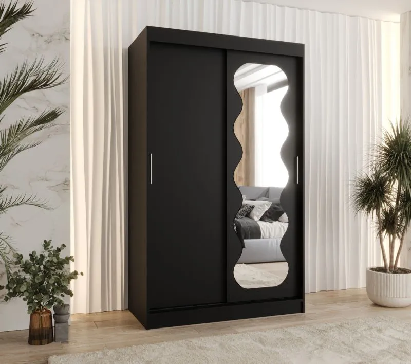 Schiebetürenschrank / Kleiderschrank Bernina 07, Farbe: Schwarz, 1,2 Meter breit, eine Tür mit Spiegel, fünf Fächer, zwei Kleiderstangen, Aluminiumschienen