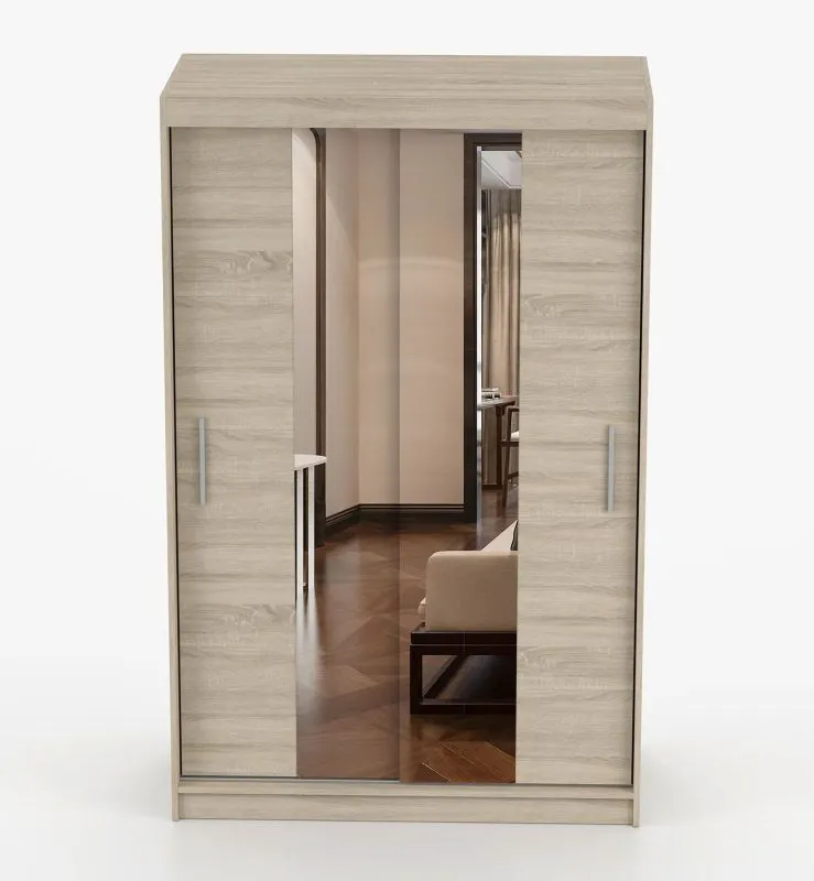 Schiebetürenschrank / Kleiderschrank | mit Spiegel | 200 x 120 x 61 cm | Sonoma Eiche | Rudawy 11 | 2 Türen | 6 Fächer | 1 Kleiderstange | eckig