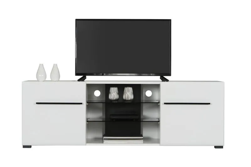 TV-Schrank / TV-Möbel mit zwei Türen Idos 01, Farbe: Weiß / Weiß Hochglanz / Schwarz, fünf Fächer, Parsolglas, Maße: 49,5 x 150 x 41,5 cm, zwei Kabeldurchführungen