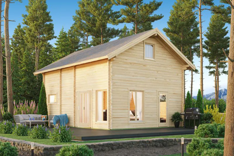 Ferienhaus F34 mit 2 Etagen | 65,3 m² | 92 mm Blockbohlen | Naturbelassen | Inkl. Fußboden & Fenster 2-Hand-Dreh-Kippsystematik
