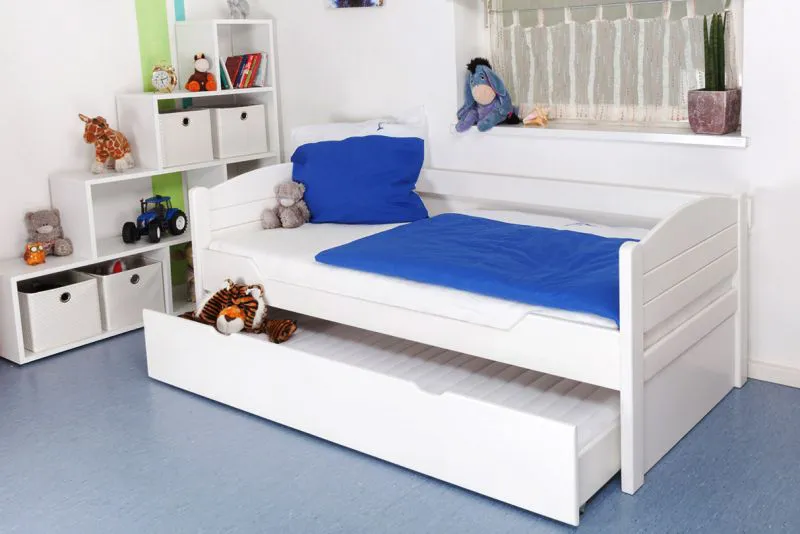 Kinderbett 90 x 200 cm | Massivholz: Buche | Weiß Lackiert | inkl. 2. Liegeplatz 90 x 190 cm ausziehbar und 2 Rollrost Abbildung