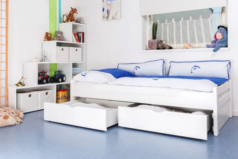 Bettrahmen für Kinder 90 x 200 cm | inkl. Stauraum / 2 Schubladen | Massivholz: Buche | Weiß Lackiert | inkl. Lattenrost Abbildung