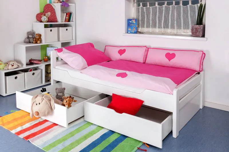 Bettrahmen für Kinder / Kinderbett 90 x 200 cm | Massivholz: Buche | Weiß Lackiert | inkl. 2 Schubladen und Lattenrost | besonders hohe Qualität Abbildung