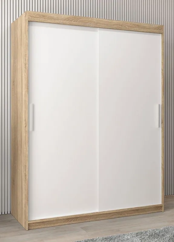 Schiebetürenschrank / Kleiderschrank Bisaurin 3A, Farbe: Eiche Sonoma / Weiß matt - Abmessungen: 200 x 150 x 62 cm ( H x B x T)