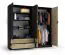 Großer Kleiderschrank / Drehtürenschrank Galatsi 01, eine Spiegeltür, Farbe: Schwarz mit Holzstruktur / Eiche Artisan, zwei Schubladen, Maße: 203 x 220,5 x 54 cm