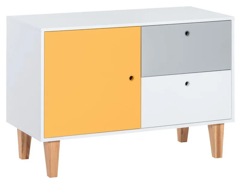 Jugendzimmer - Kommode Syrina 16, Farbe: Weiß / Grau / Gelb - Abmessungen: 72 x 103 x 45 cm (H x B x T)