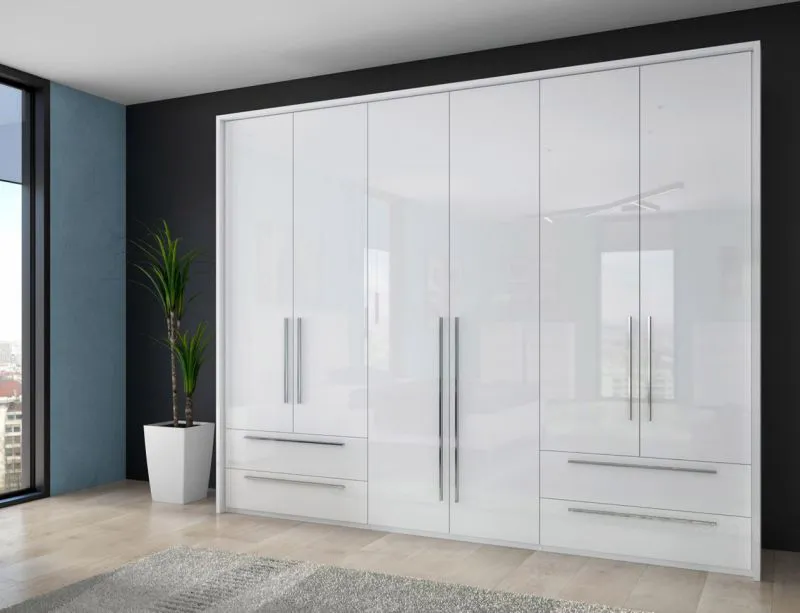Kleiderschrank | 6 Drehtüren | 4 Schubladen | 5 Fächer | mit 3 Kleiderstangen | 277 cm breit | Farbe: Weiß Abbildung