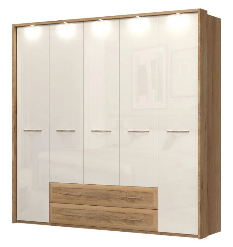 Drehtürenschrank / Kleiderschrank mit LED-Rahmen Gataivai 57, Farbe: Beige Hochglanz / Walnuss - Abmessungen: 224 x 227 x 56 cm (H x B x T)