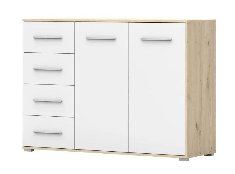 Sideboard / Kommode | Weiß / Eiche | Comarca 40 | 96 x 135 x 45 cm | 1 Türe | 4 Schubladen | 3 Fächer |  Zweifarbig | Korpus in Holzoptik