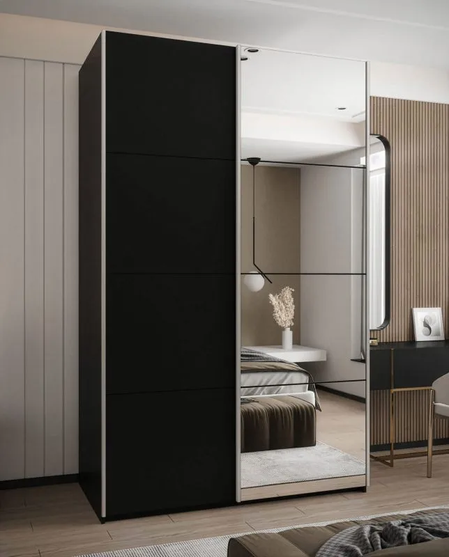 Kleiderschrank / Schiebetürenschrank | Farbe: Schwarz | 2 Kleiderstangen | 245,5 x 150 x 64 cm | Soft-Close | 2 Schiebetüren | Spiegel | 6 Fächer